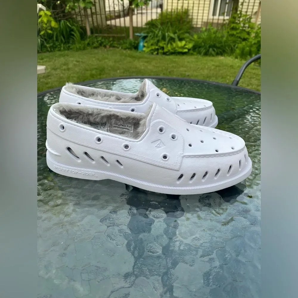 Sperry Men’s Top Sider Float Slip On Faux Fur Lined White Boat Shoes Size 8